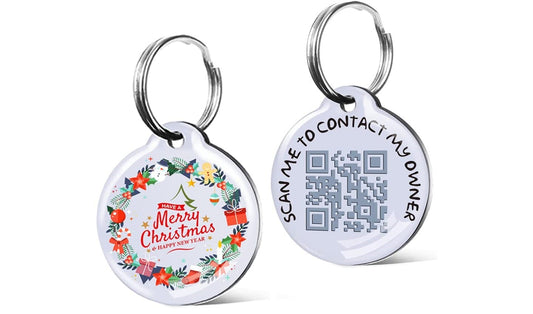 Happy Xmas Decorations QR Code Pet ID Tags - Dog Tag - Pet Online Profile - Update Plenty of info if Anything Changes Christmas - White