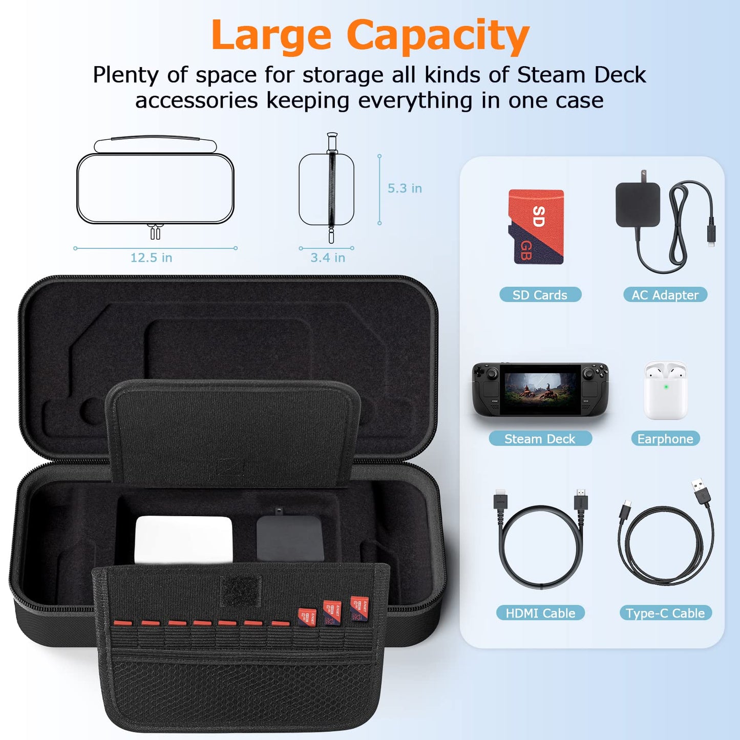 Black Steam Deck Carrying Case w/ Space For Charger & 10 SD Game Cartridges
