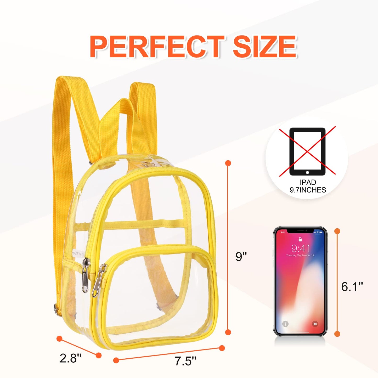 7.5"x2.8"x9" Stadium Approved Clear/Yellow Mini Backpack w/ Front & Slip Pocket
