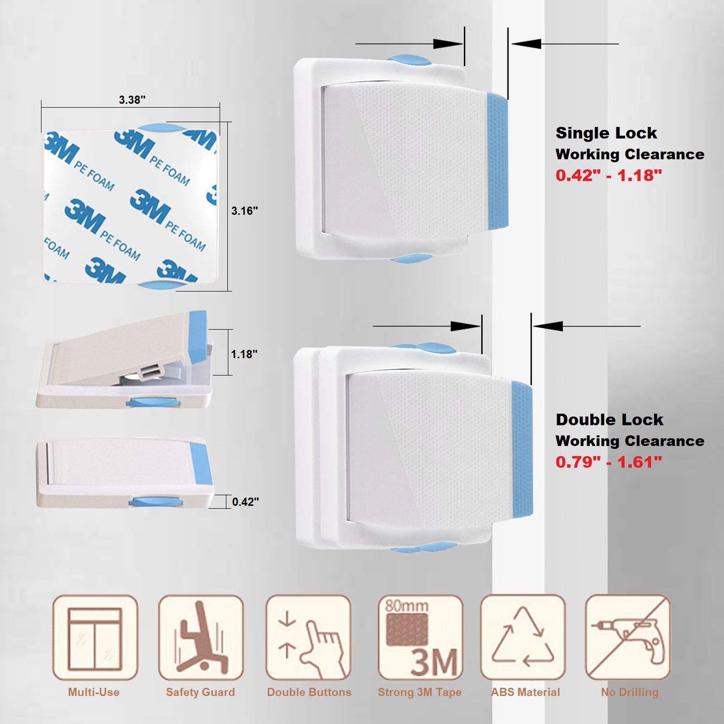 Sliding Glass Door Child Lock - Baby Safety Slide Window Locks, No Drilling, Strong Durable 3M Adhesive Tap, Stainless Steel, ABS Plastic, Double Button Design, Childproof Patio, Closet, Cabinet Doors, 4 Pack, Blue