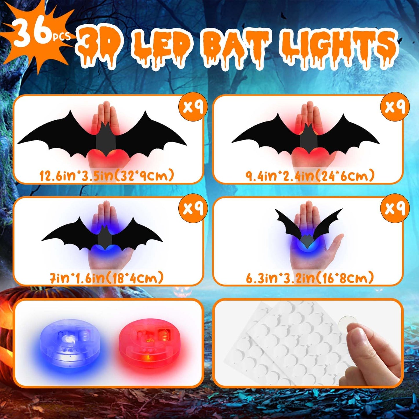 36pcs Light Up 3D Halloween Black PVC Sticky Bat Decorations in 4 Sizes