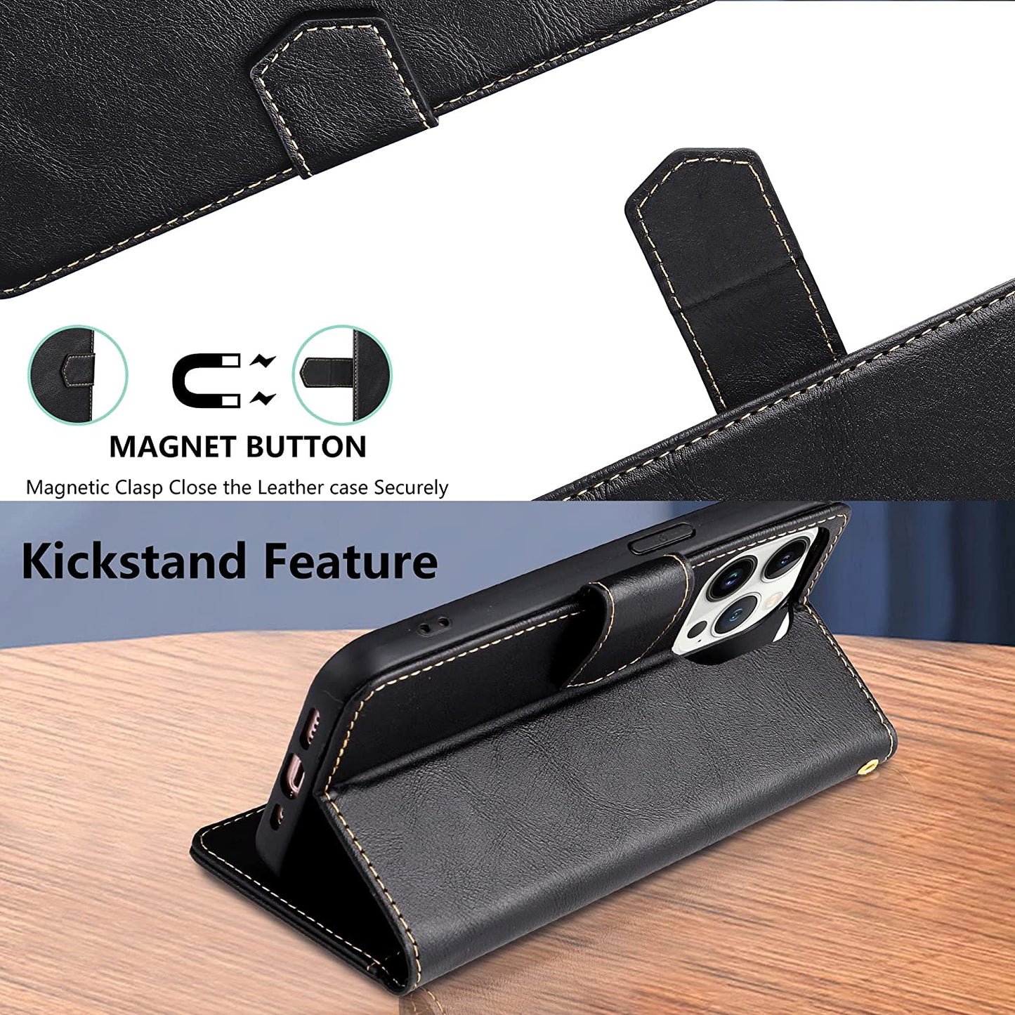 iPhone 14 Pro Max Kickstand Wallet Case w/ 2 ea Screen/Camera Lens Protectors