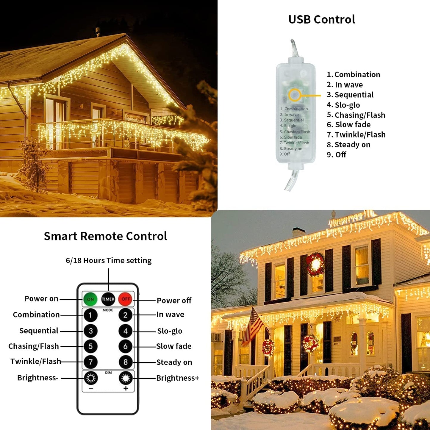18.57ft 360 LED 72 Drops Warm White Outdoor Plug-In Christmas Icicle Lights