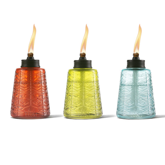 Enhance Outdoor Ambiance with TIKI Brand 1116040 Molded Glass Table Torches in Red, Green, and Blue - Perfect for Patios and Gardens