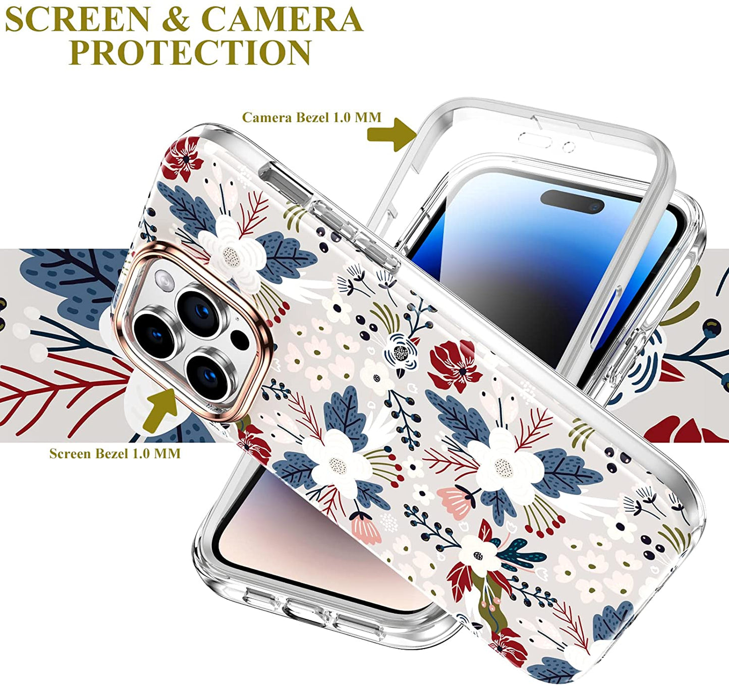 iPhone 14 Pro Max Flowers & Berries Bumper Case w/ Built-in Screen Protector