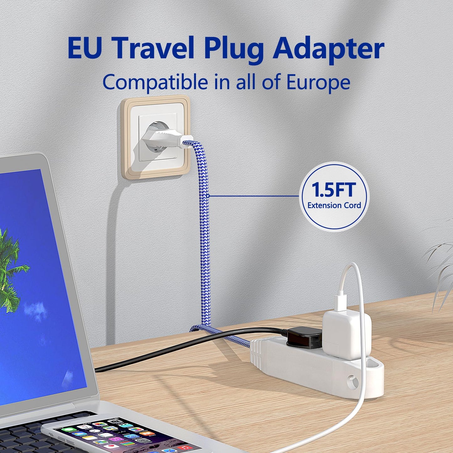 1.5ft Extension Cord European Travel Plug Adapter w/ 3 US Outlets