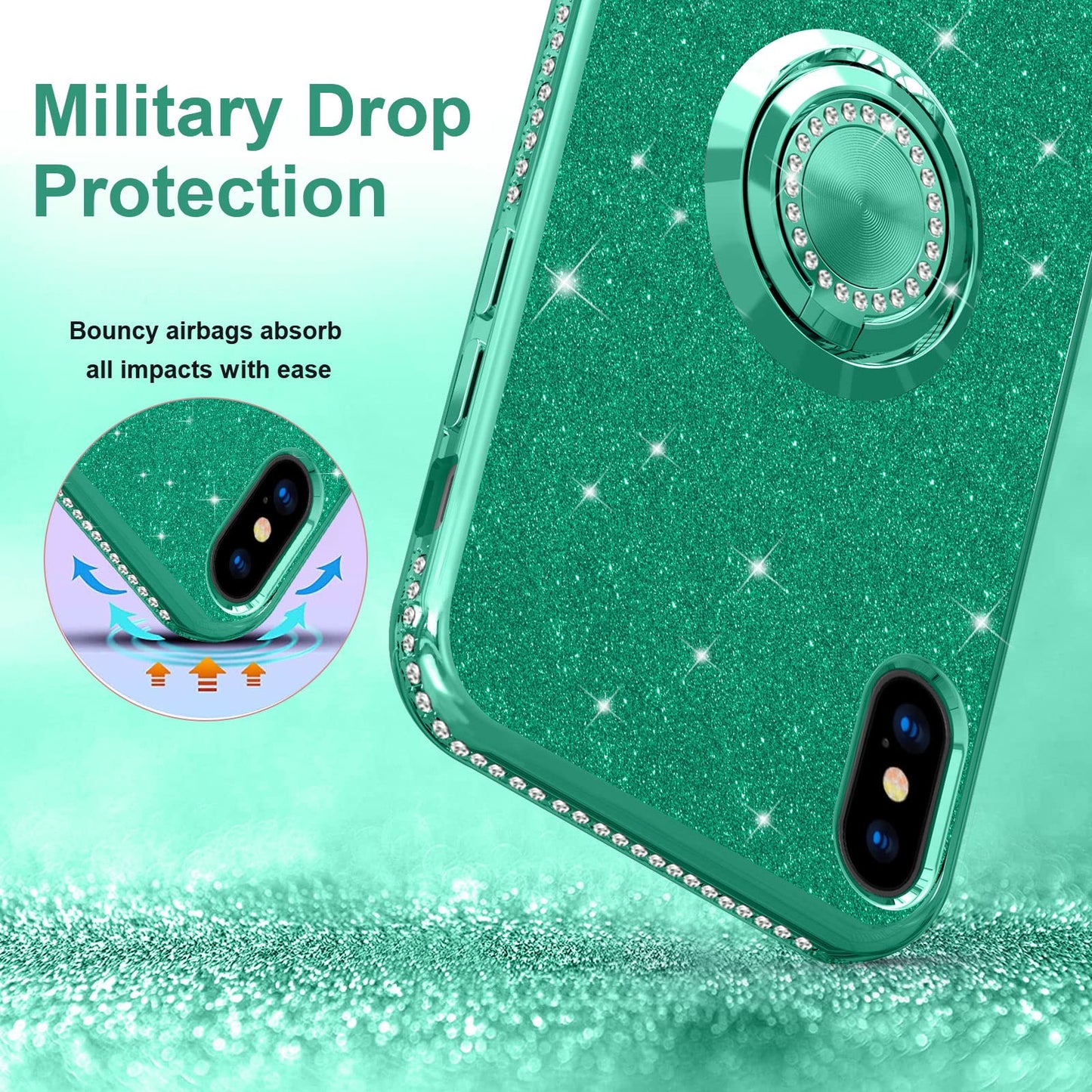 Sparkle Diamond Ring Case for iPhone X/XS 5.8" - Pine Green Full Body Protection & Stand
