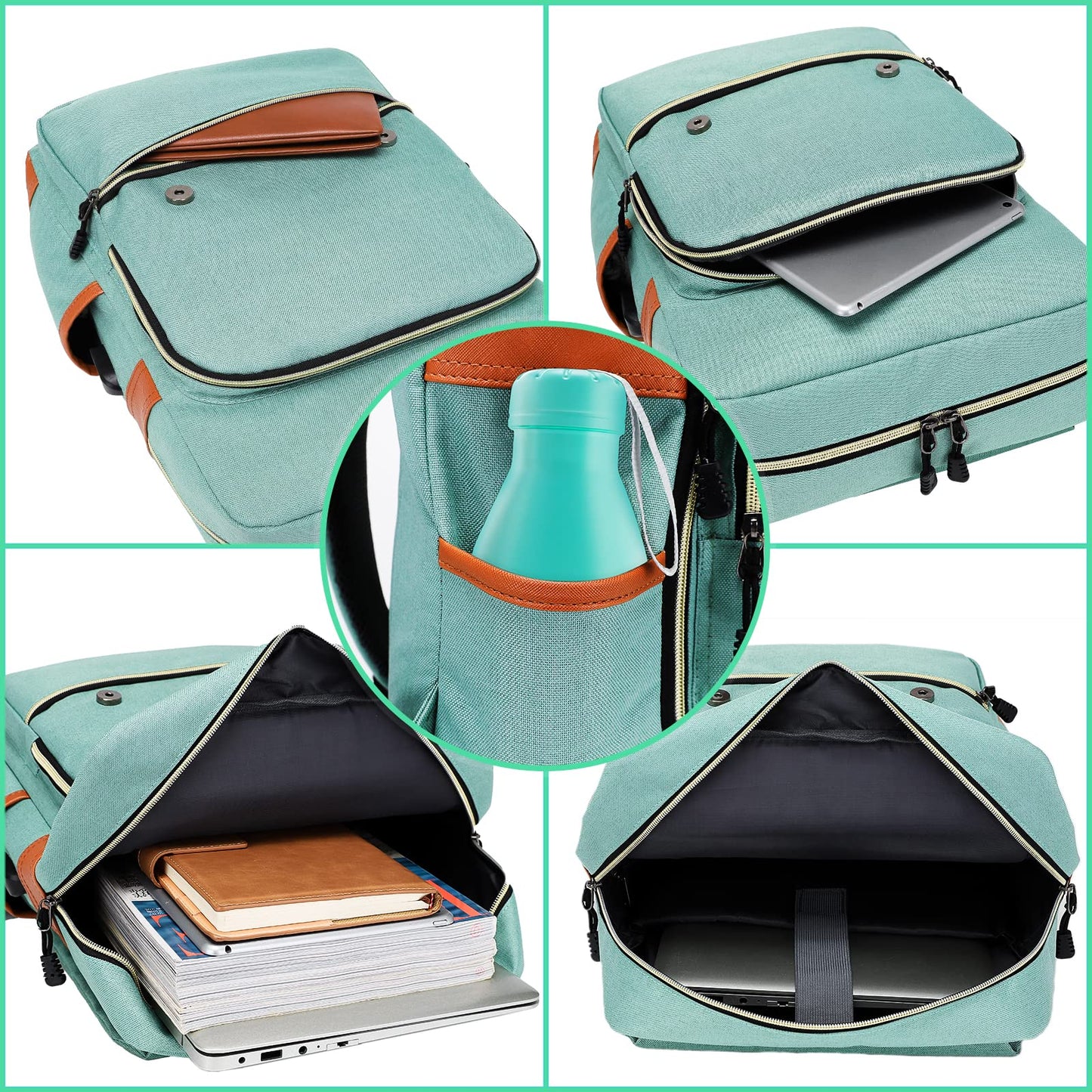 Vintage Laptop Backpack with USB Port: Fashionable Travel Gear for Both Women & Men - Fits 15.6 Inch Notebook in Elegant Green