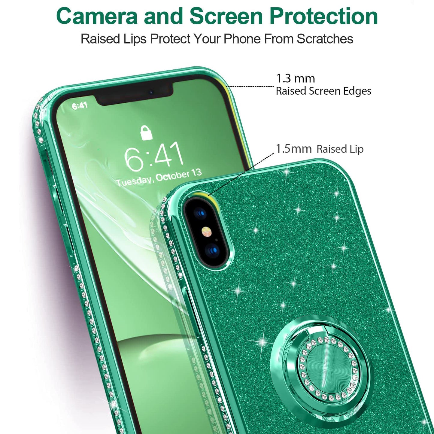 Sparkle Diamond Ring Case for iPhone X/XS 5.8" - Pine Green Full Body Protection & Stand