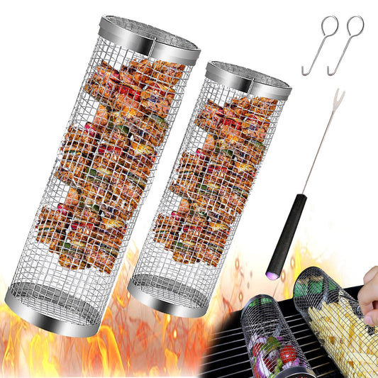 Rolling Grilling Baskets: Ultimate Round BBQ Grill Accessories for Perfect Outdoor Cooking - Stainless Steel Mesh Design for Veggies, Meat, Seafood, and More