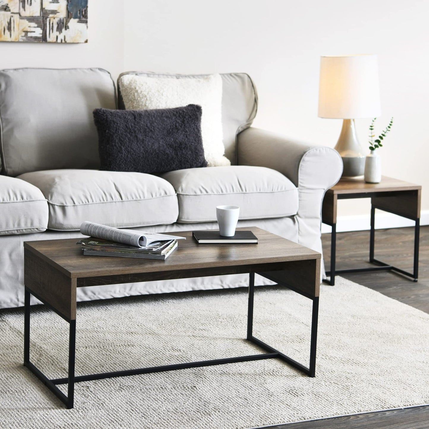 Household Essentials Wrap Rectangular Coffee Table Ashwood Rustic Wood Grain and Black Metal