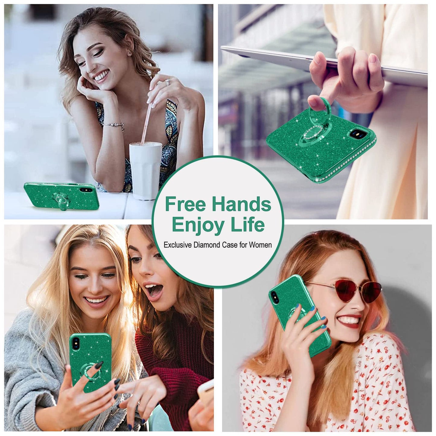 Sparkle Diamond Ring Case for iPhone X/XS 5.8" - Pine Green Full Body Protection & Stand
