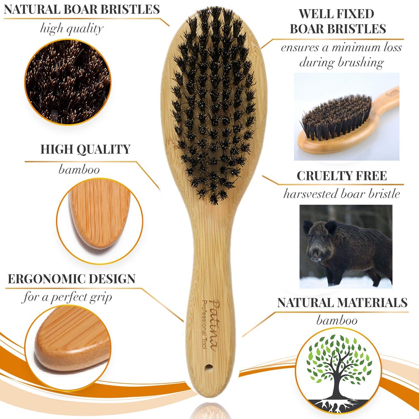 Japanese Design Natural Bamboo Boar Bristle Dog/Cat Brush for Shedding