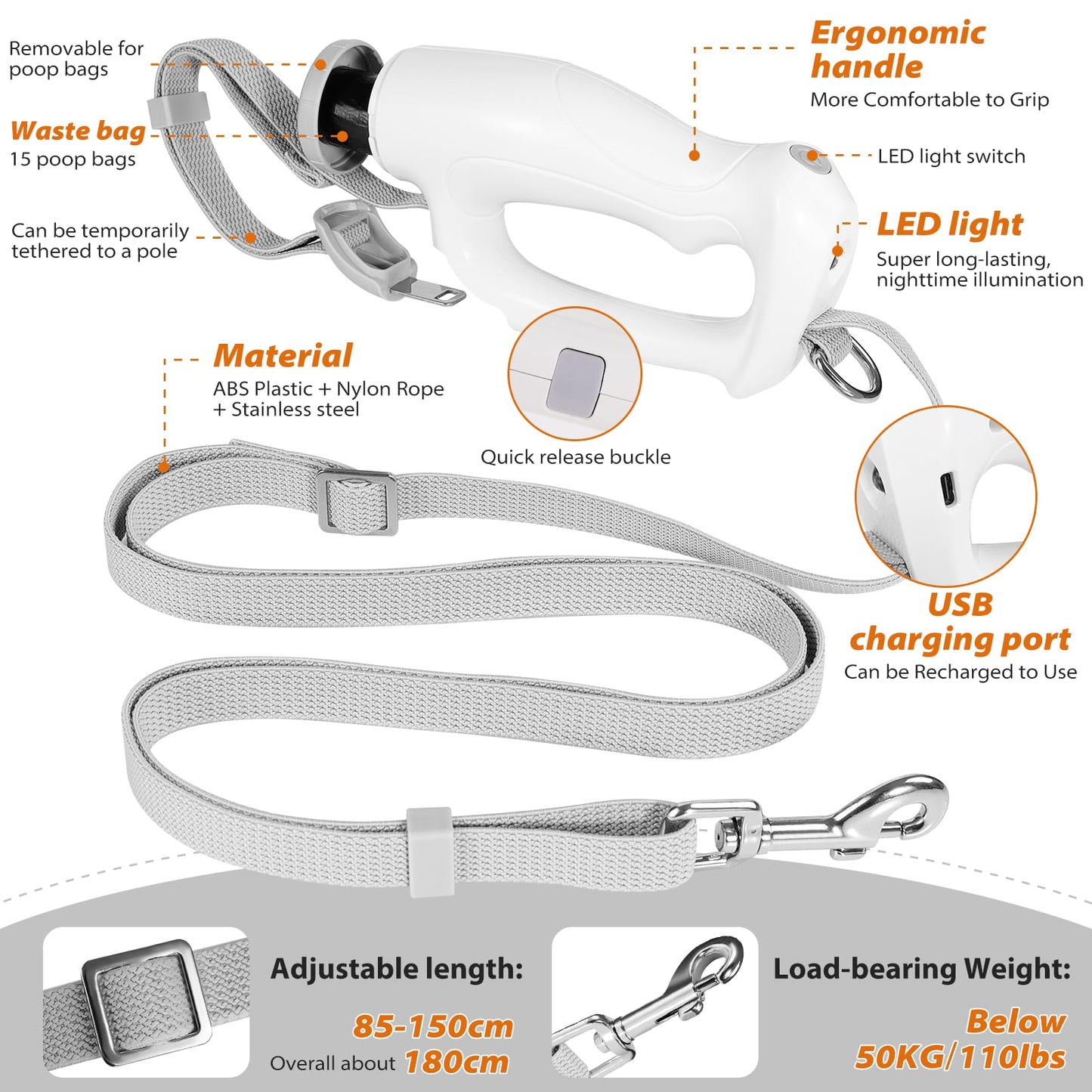 4-6 FT Extendable Dog Leash with LED Light & Poop Bag Holder for Dogs up to 110lbs