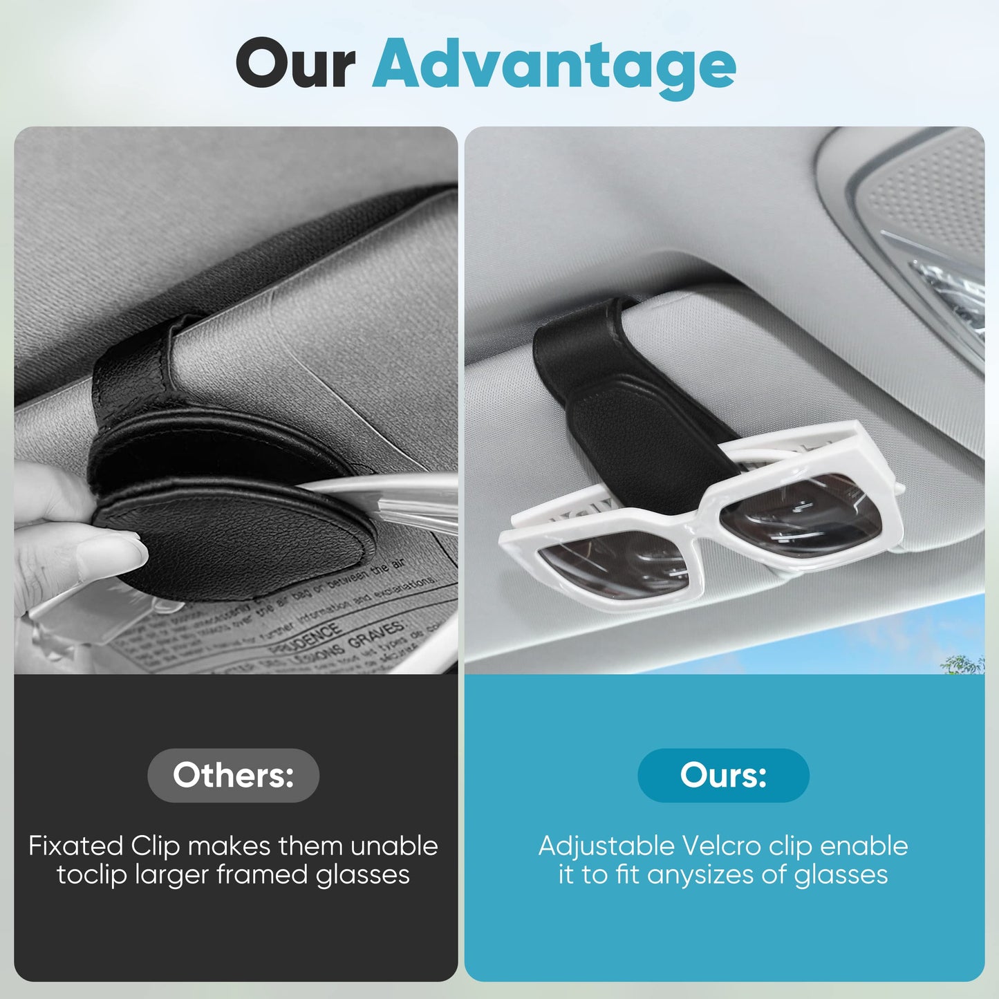 Sunglasses Holder for Car Sun Visor - Magnetic Leather Clip, 2 Pack Black