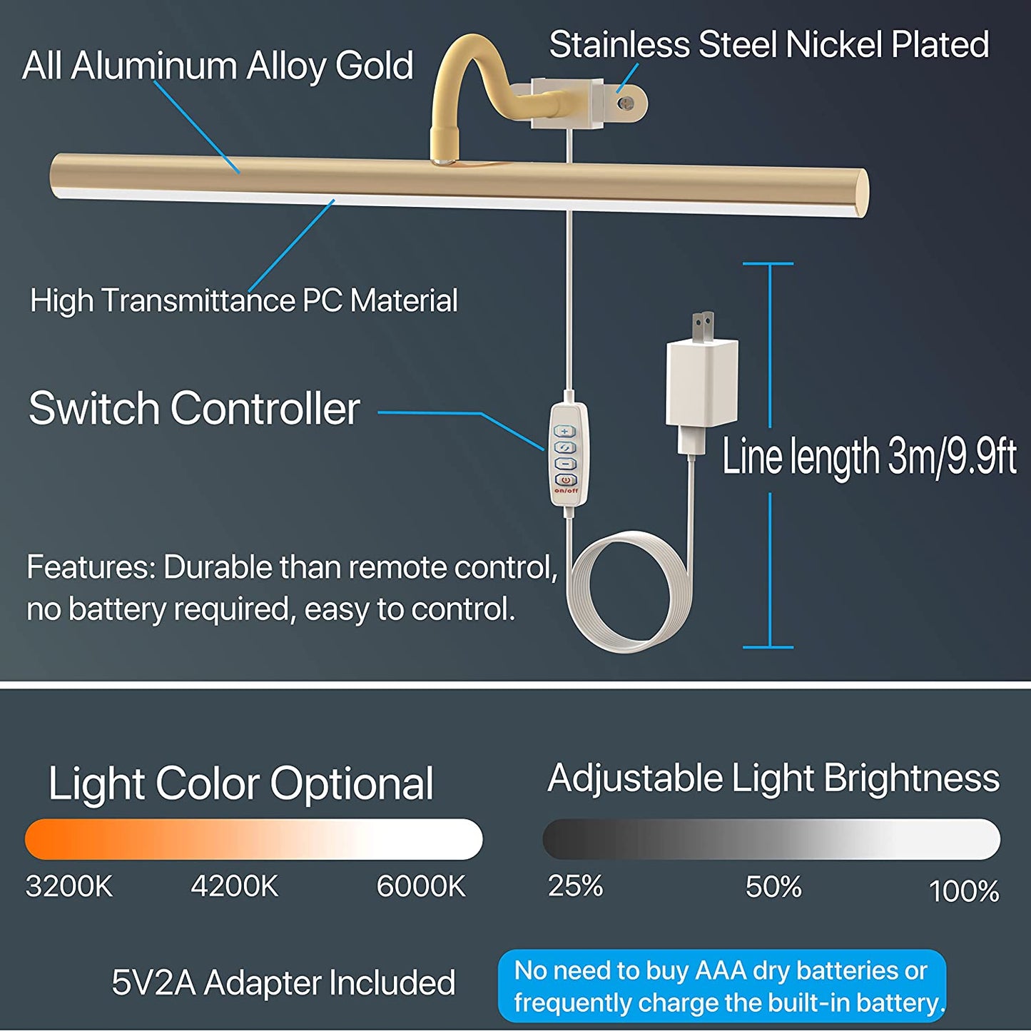 16.6" 10W Dimmable LED Metal Art/Picture Lamp w/ Gooseneck Arm & 3 Light Modes