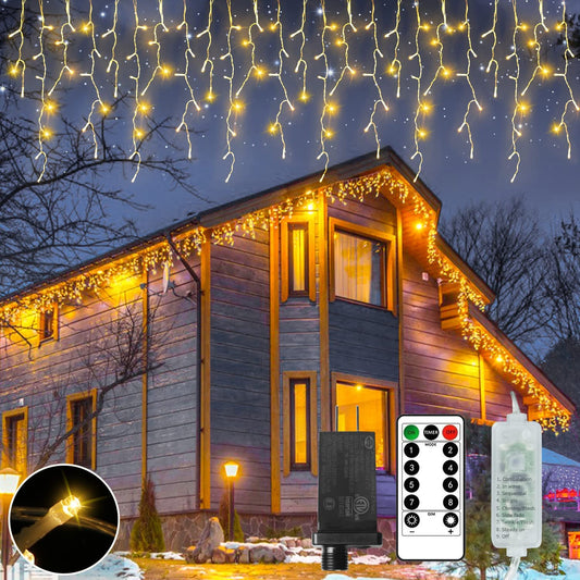 18.57ft 360 LED 72 Drops Warm White Outdoor Plug-In Christmas Icicle Lights