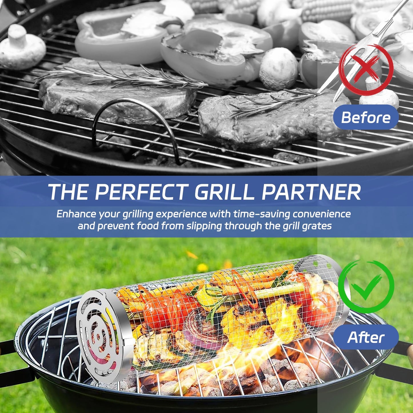 Rolling Grilling Baskets for Outdoor Cooking - 2Pcs Set, Upgraded, Portable, 304 Stainless Steel, Ideal for Veggies, Fish, Shrimp, Meat, Easy-to-Clean, Heat & Rust-Resistant, Perfect for Camping & Picnics
