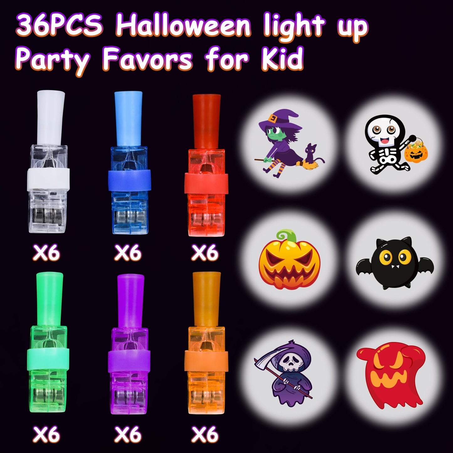 Halloween Party Favors for Kids - 36PCS LED Finger Lights, Glow in the Dark Toys, Halloween Themed Projection, Safe Materials, Ideal for Classroom Prizes, Trick or Treats, Goodie Bag Fillers & Party Gifts