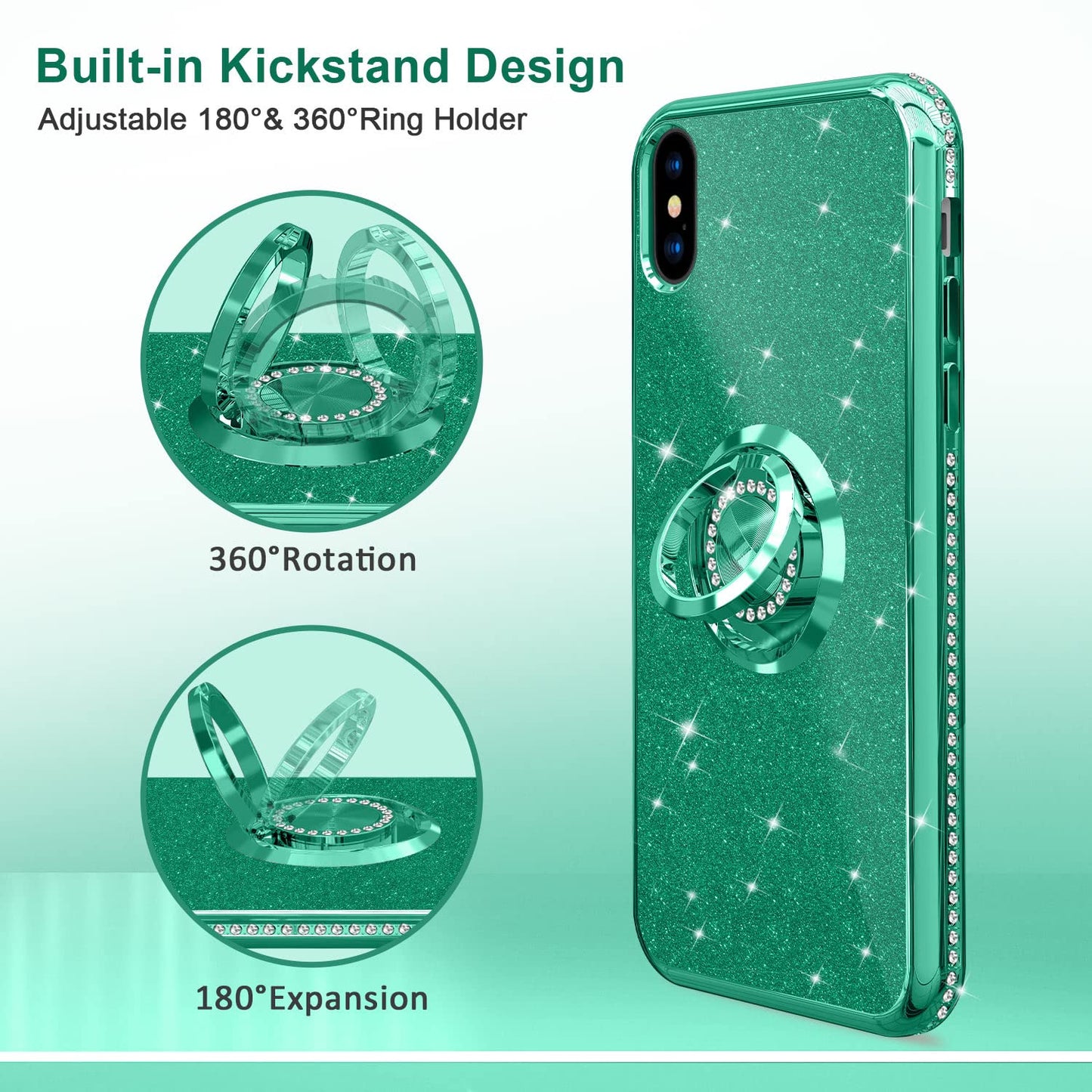 Sparkle Diamond Ring Case for iPhone X/XS 5.8" - Pine Green Full Body Protection & Stand