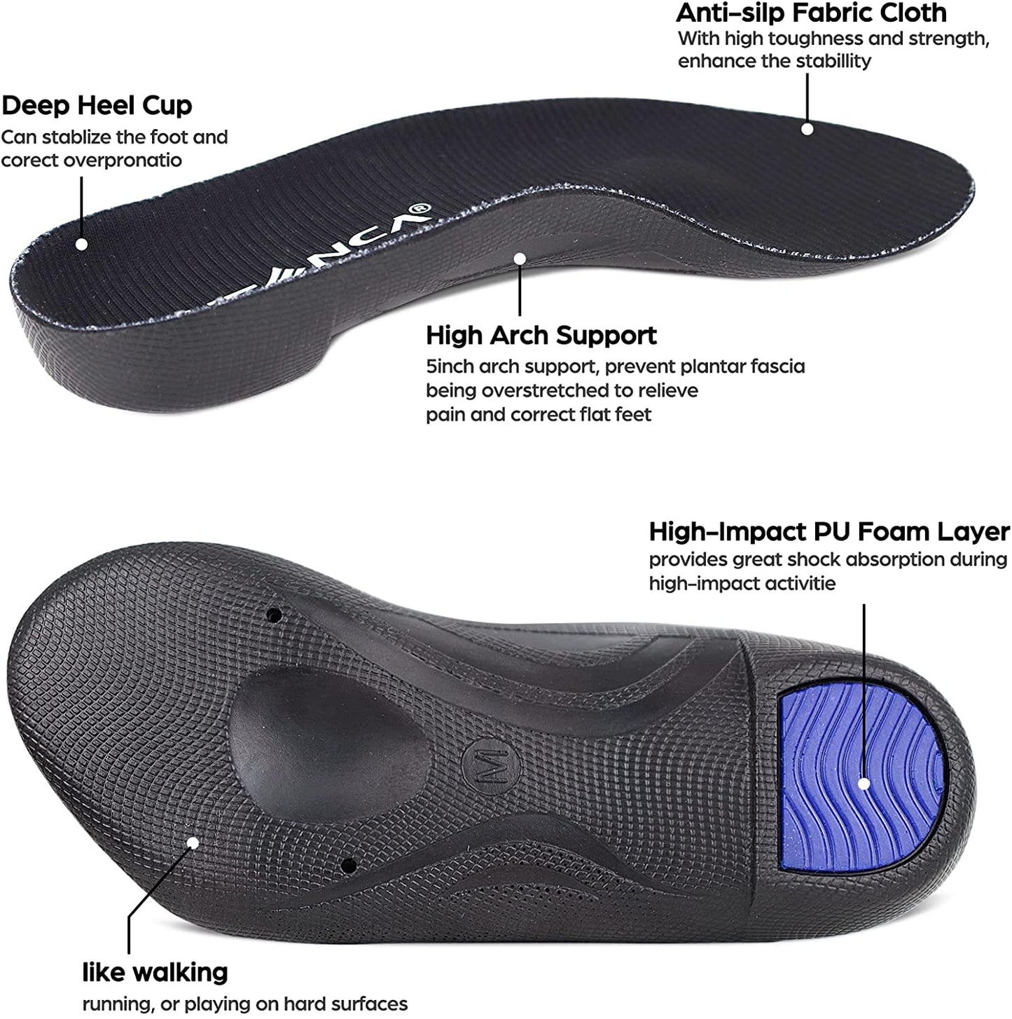 Black Men's 10-11.5 Arch Support Insoles for Plantar Fasciitis Foot Pain Relief