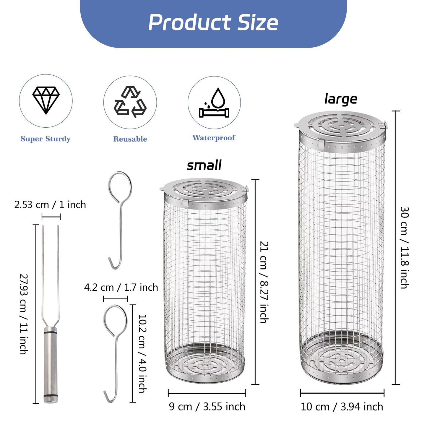Rolling Grilling Baskets for Outdoor Cooking - 2Pcs Set, Upgraded, Portable, 304 Stainless Steel, Ideal for Veggies, Fish, Shrimp, Meat, Easy-to-Clean, Heat & Rust-Resistant, Perfect for Camping & Picnics