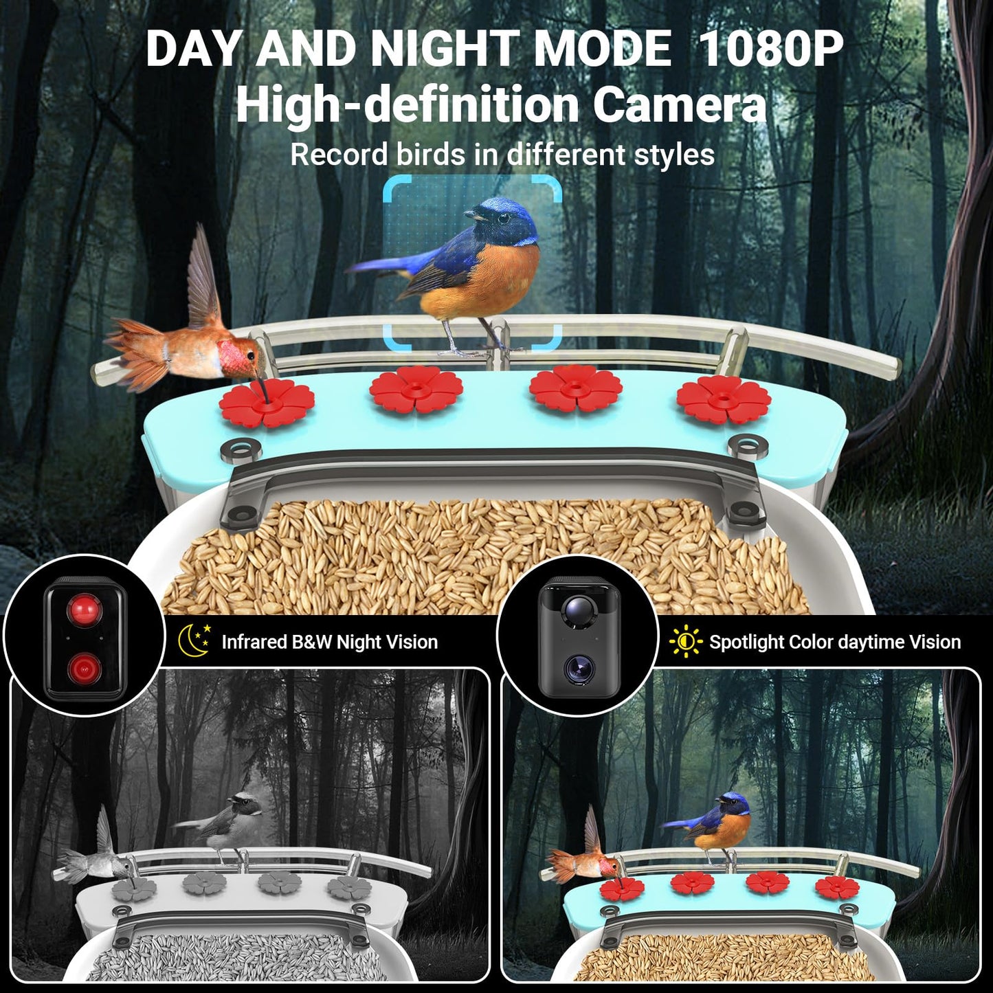 Wireless Outdoor Bird Feeder with Solar-Powered Camera: 1080 HD Live Video, AI Recognition, Dual Feeding Troughs, Ideal for Bird Watching Enthusiasts and Nature Lovers