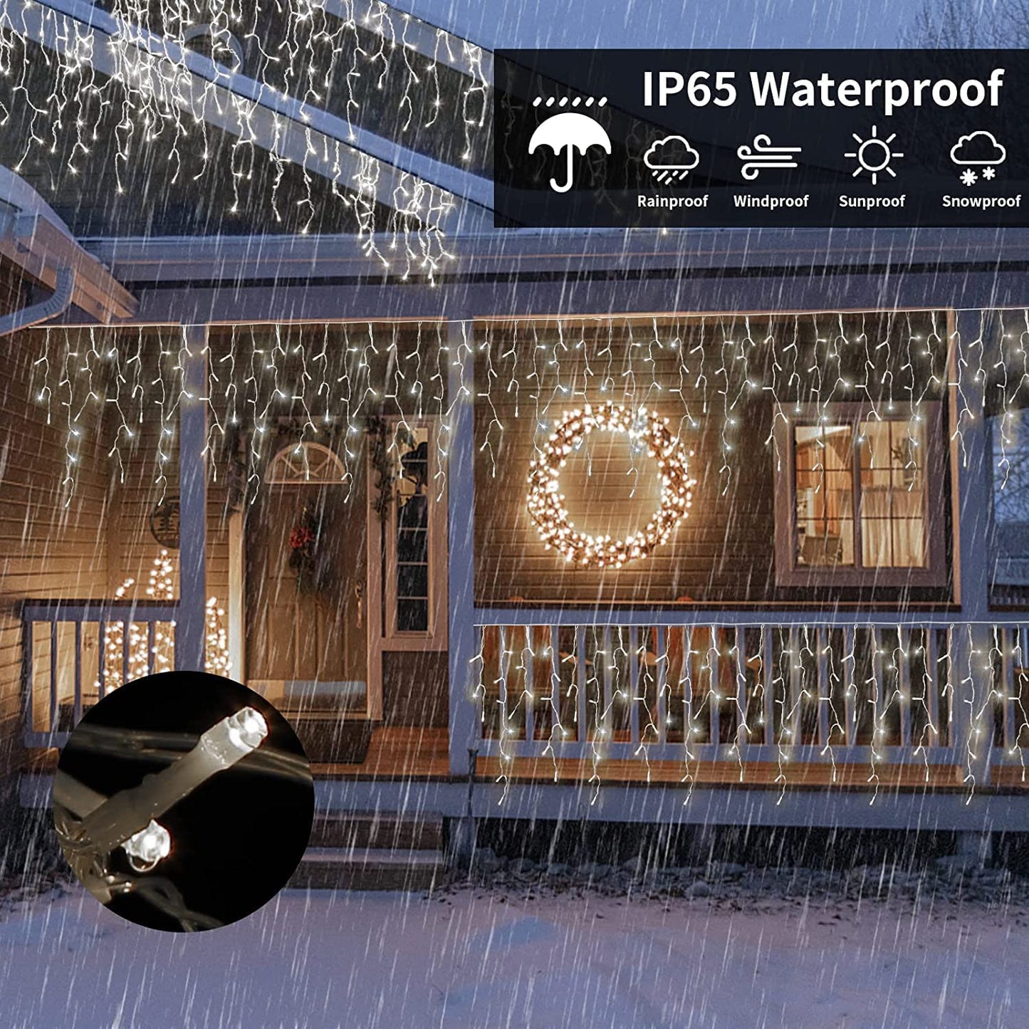 37.41ft 720 LED 144 Drops Cool White Outdoor Plug-In Christmas Icicle Lights