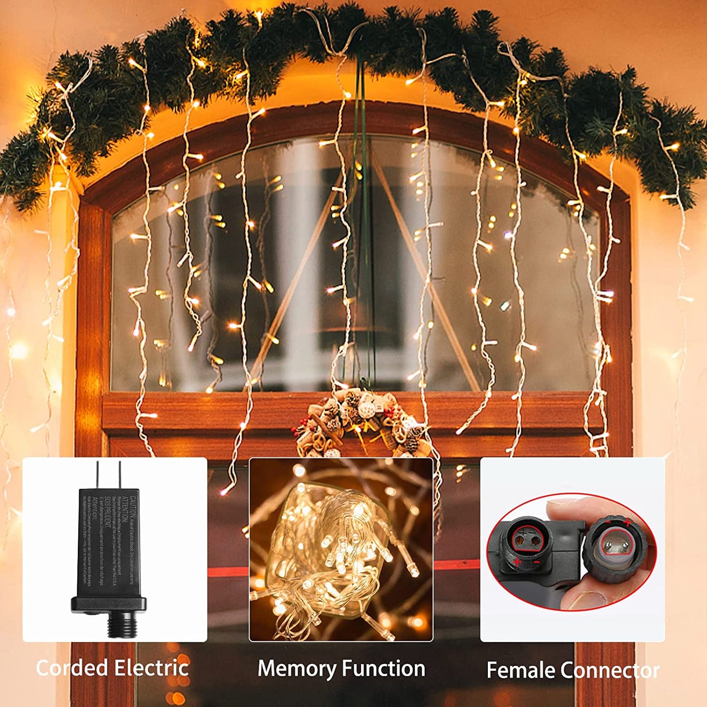18.57ft 360 LED 72 Drops Warm White Outdoor Plug-In Christmas Icicle Lights