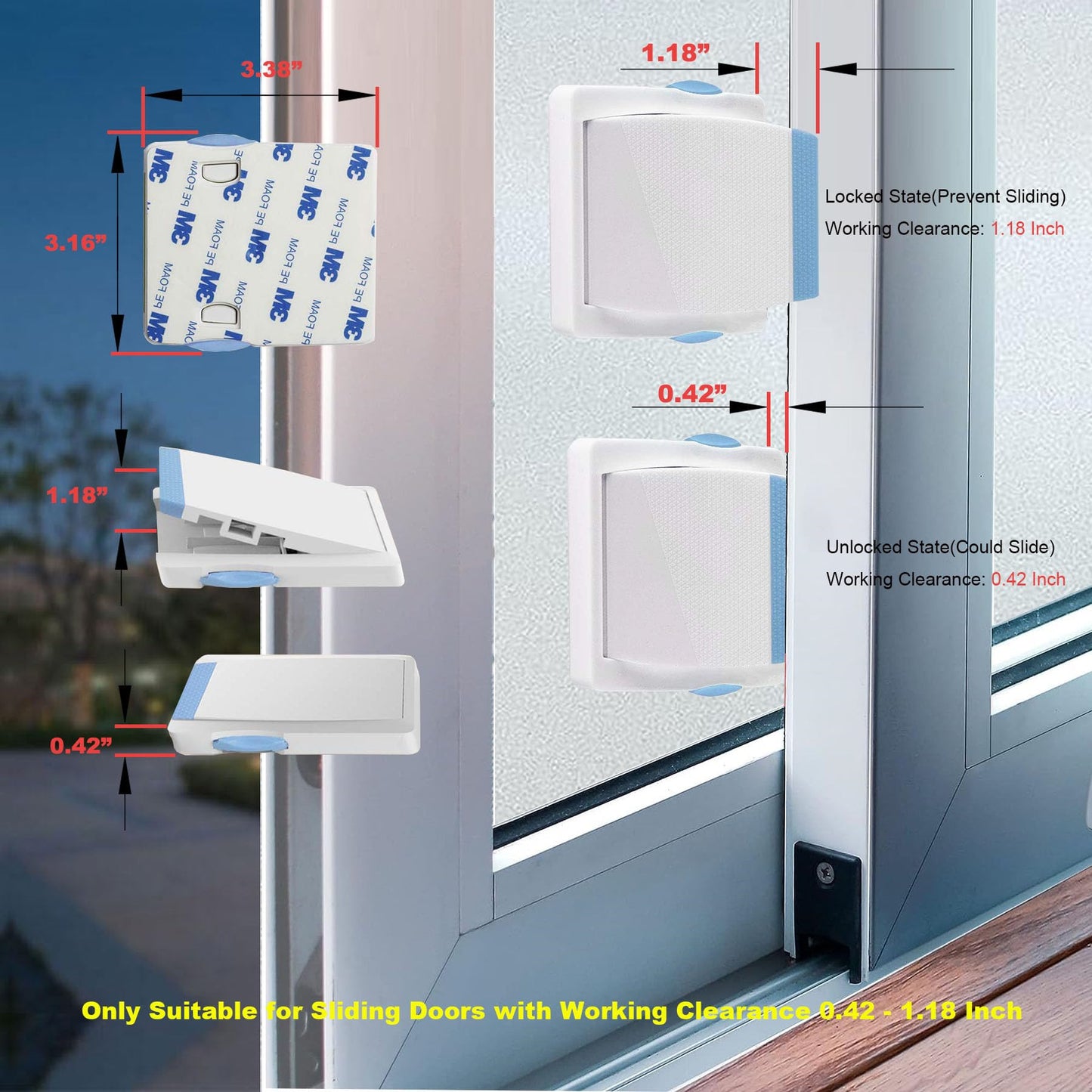 Sliding Glass Door Child Lock - Baby Safety Slide Window Locks, No Drilling, Strong Durable 3M Adhesive Tap, Stainless Steel, ABS Plastic, Double Button Design, Childproof Patio, Closet, Cabinet Doors, 4 Pack, Blue