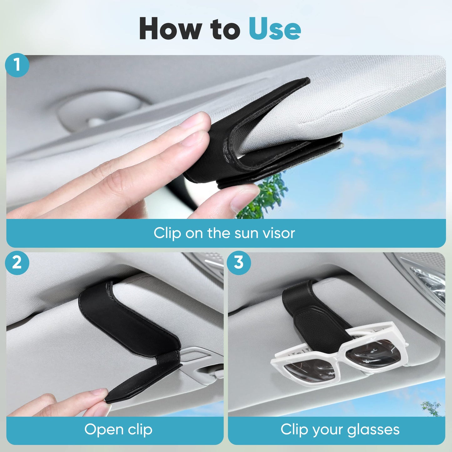 Sunglasses Holder for Car Sun Visor - Magnetic Leather Clip, 2 Pack Black
