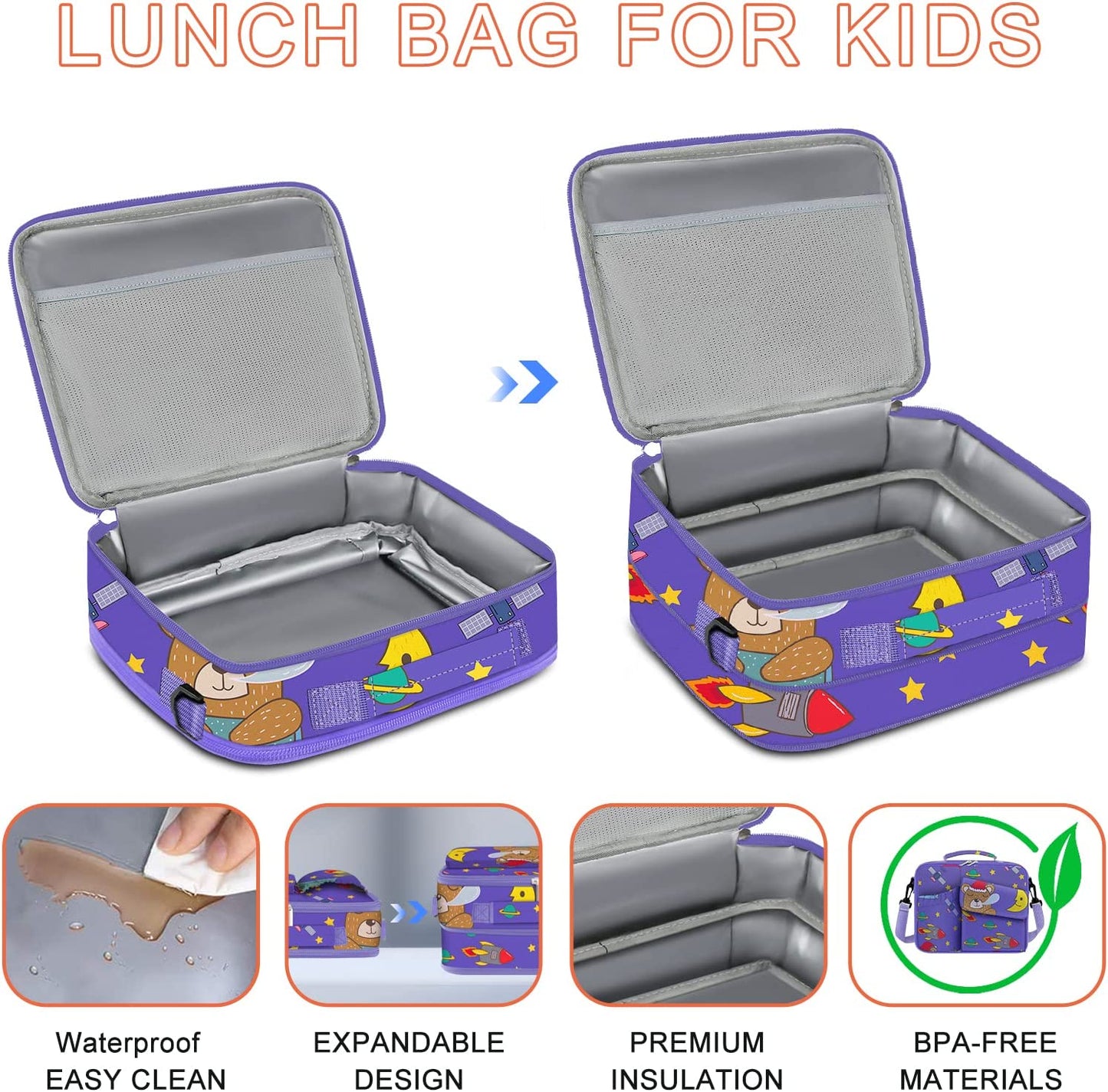 Expandable Thermal Insulated Lunch Box/Bag/Cooler w/ 2 Ice Packs/Snack Bags