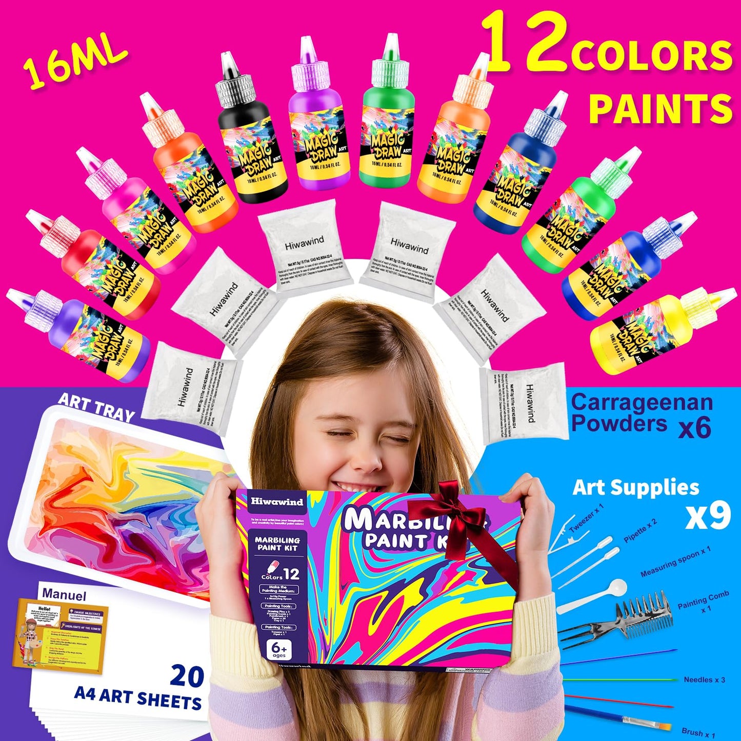 Water Marbling Paint Art Kit w/ 12 Colors (16ml)/20 Art Sheets/Brush/Comb/More