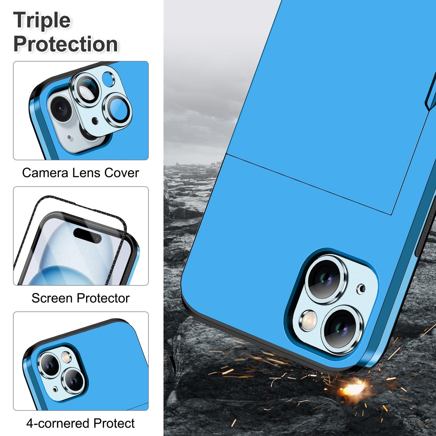 iPhone 15 Case: 4-in-1 Protective Hybrid with Card Holder, Screen Protector & Camera Cover (Light Blue)