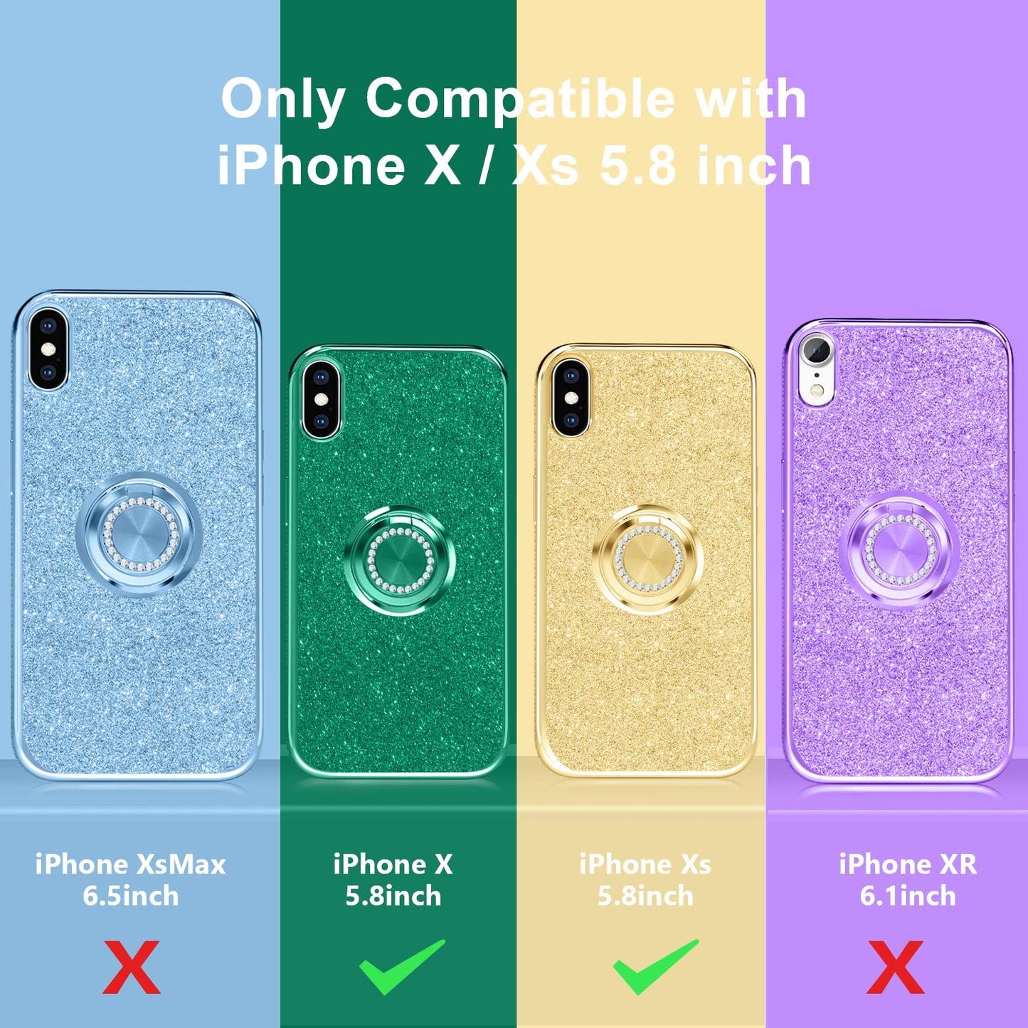 Sparkle Diamond Ring Case for iPhone X/XS 5.8" - Pine Green Full Body Protection & Stand