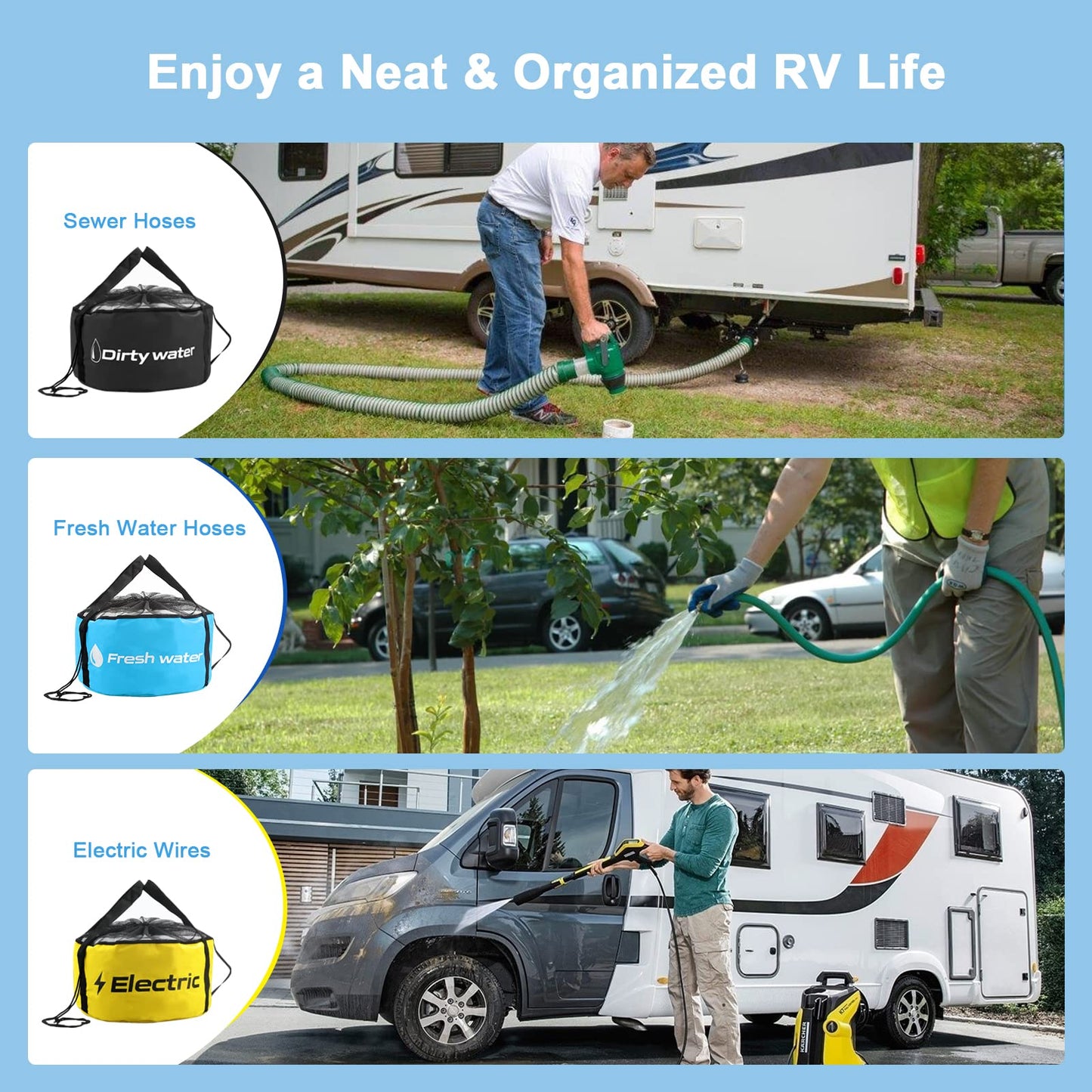 3pk Double Layer 600D Oxford Cloth RV Hose Sewer/Water/Electrical Storage Bags