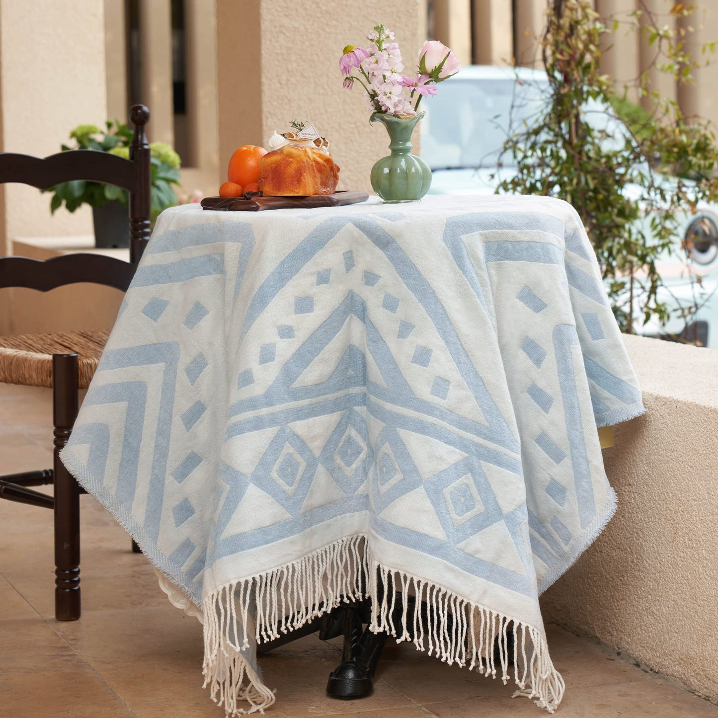 Soft and Cozy Chenille Jacquard Woven Throw Blanket - Retro Boho Design with Tassels for Couch, Bed, Outdoor - Light Blue, 50x60 inches