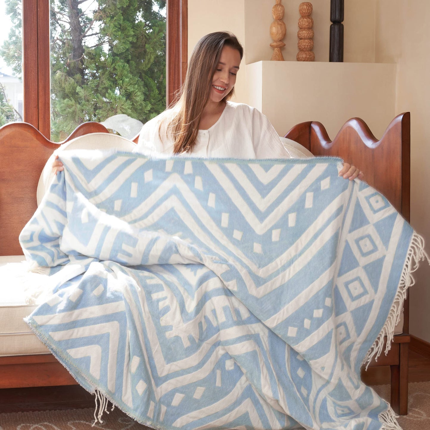 Soft and Cozy Chenille Jacquard Woven Throw Blanket - Retro Boho Design with Tassels for Couch, Bed, Outdoor - Light Blue, 50x60 inches