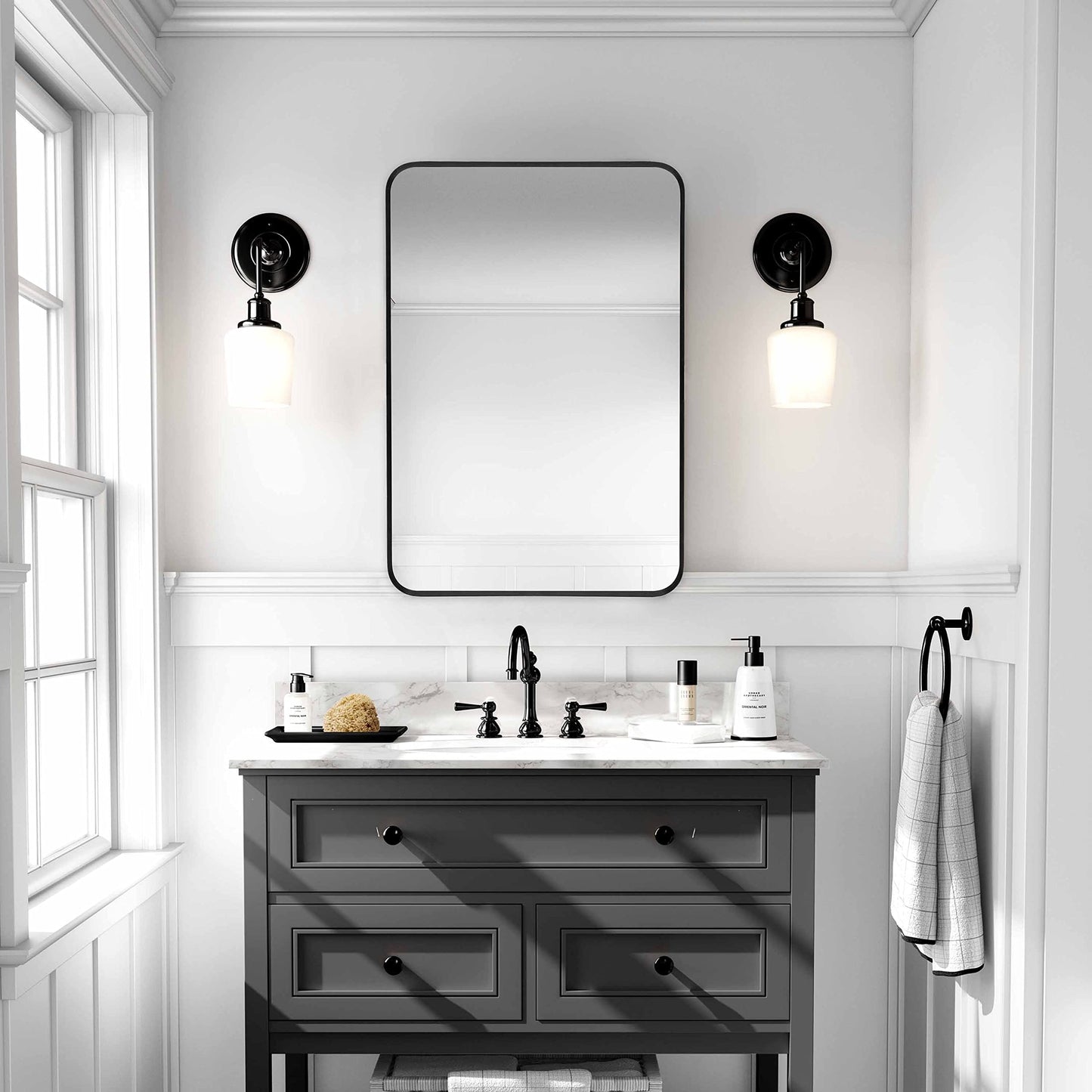 20"x30" Black Metal Framed Rounded Corner Rectangular Wall Mount Vanity Mirror