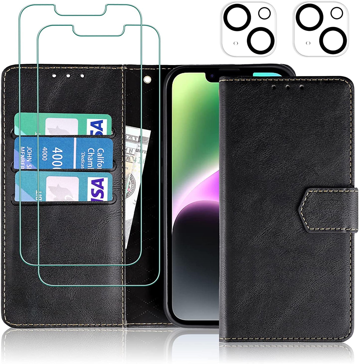iPhone 14 Plus Kickstand Wallet Case w/ 2 ea Screen/Camera Lens Protectors