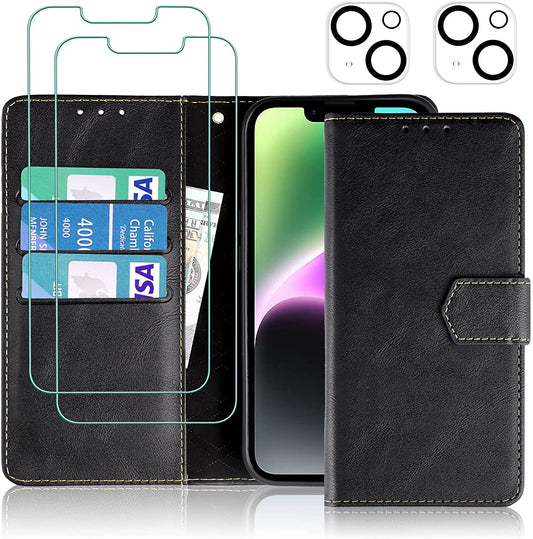 iPhone 14 Plus Kickstand Wallet Case w/ 2 ea Screen/Camera Lens Protectors