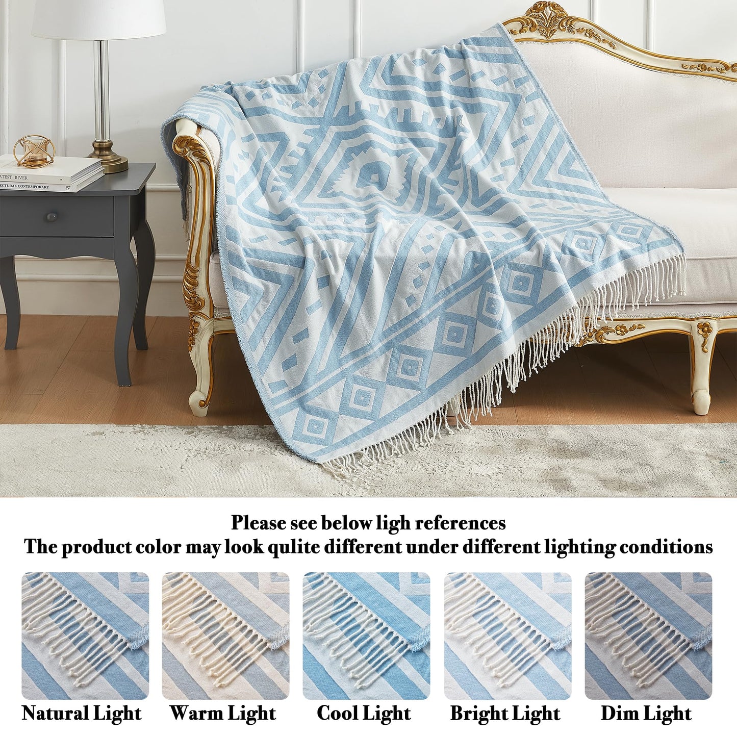 Soft and Cozy Chenille Jacquard Woven Throw Blanket - Retro Boho Design with Tassels for Couch, Bed, Outdoor - Light Blue, 50x60 inches