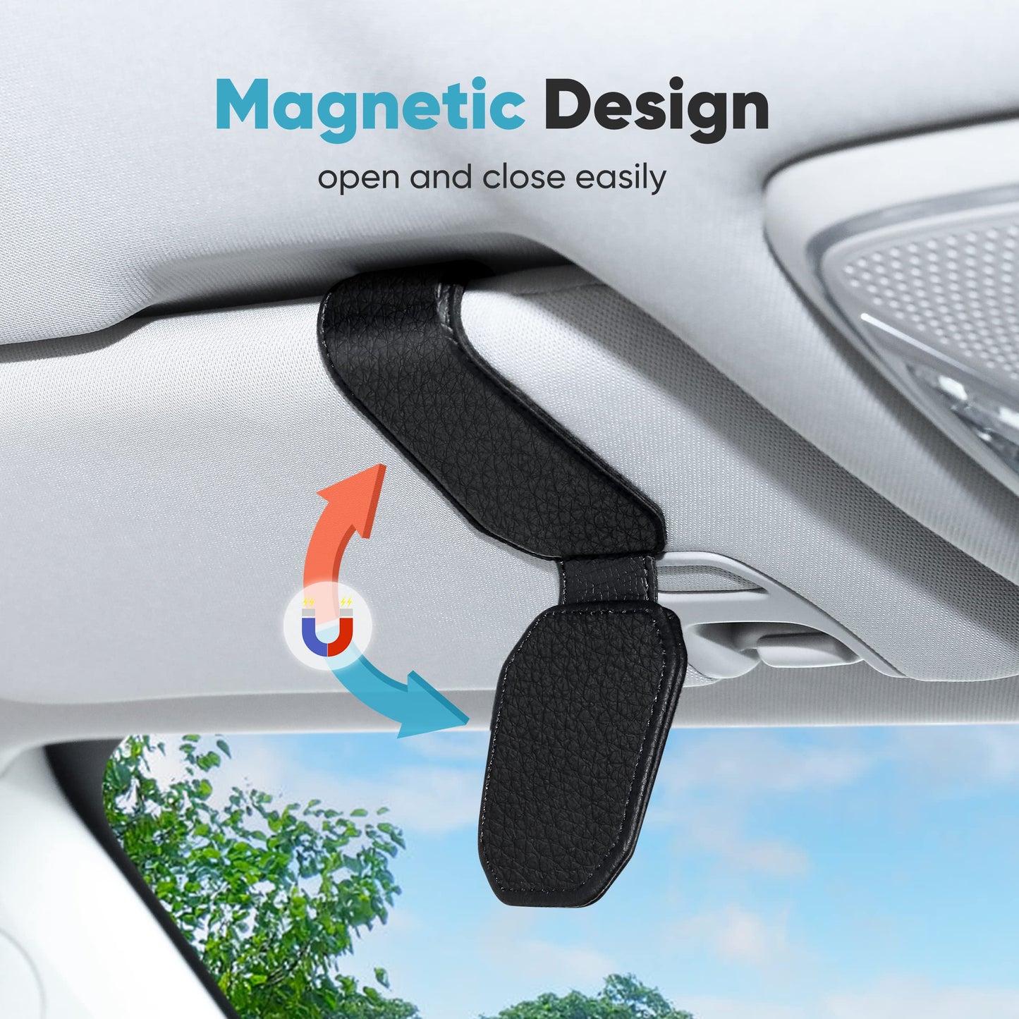 Sunglasses Holder for Car Sun Visor - Magnetic Leather Clip, 2 Pack Black