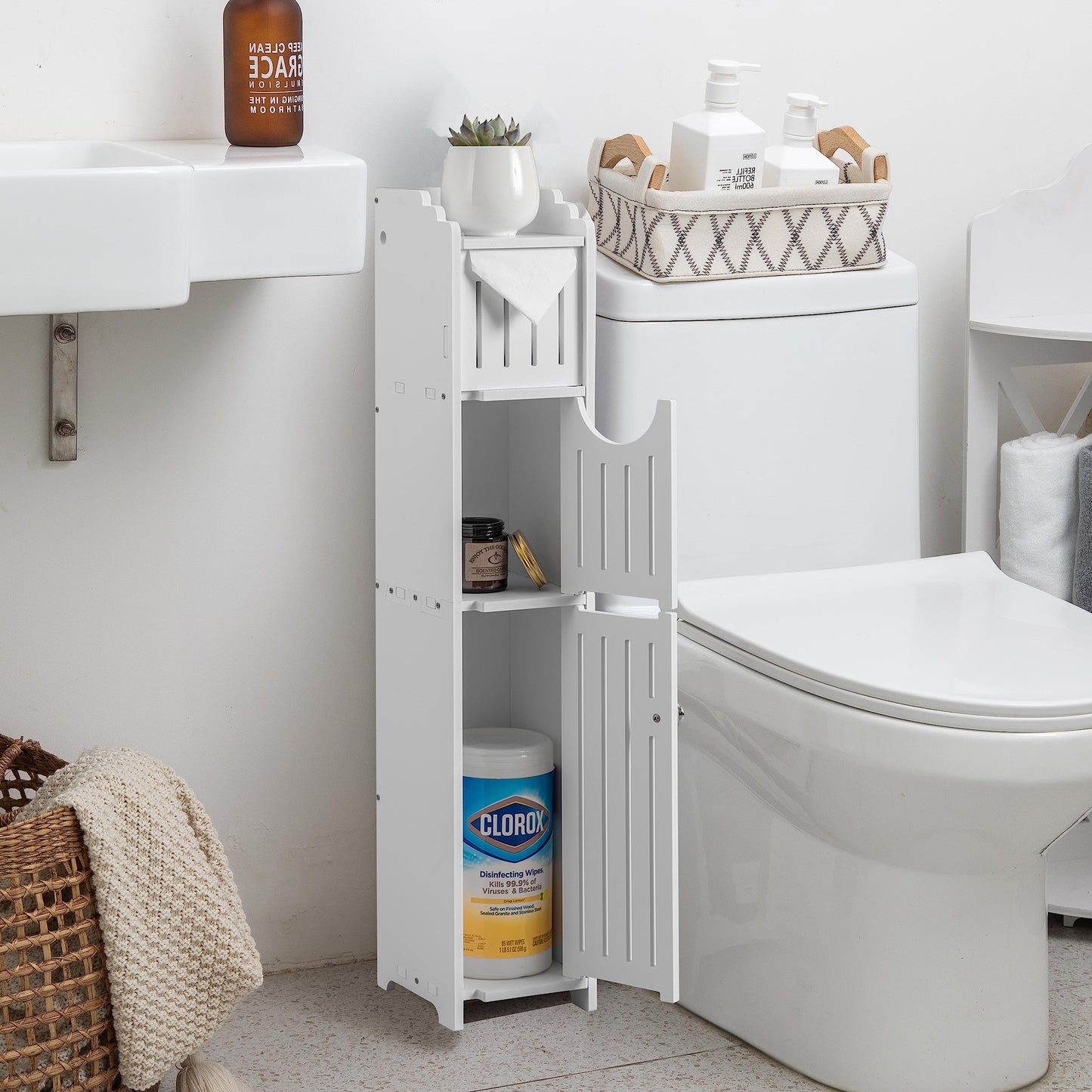 Space-Saving Bathroom Furniture Set: Slim Toilet Paper Holder and Storage Cabinet for Compact Bathrooms