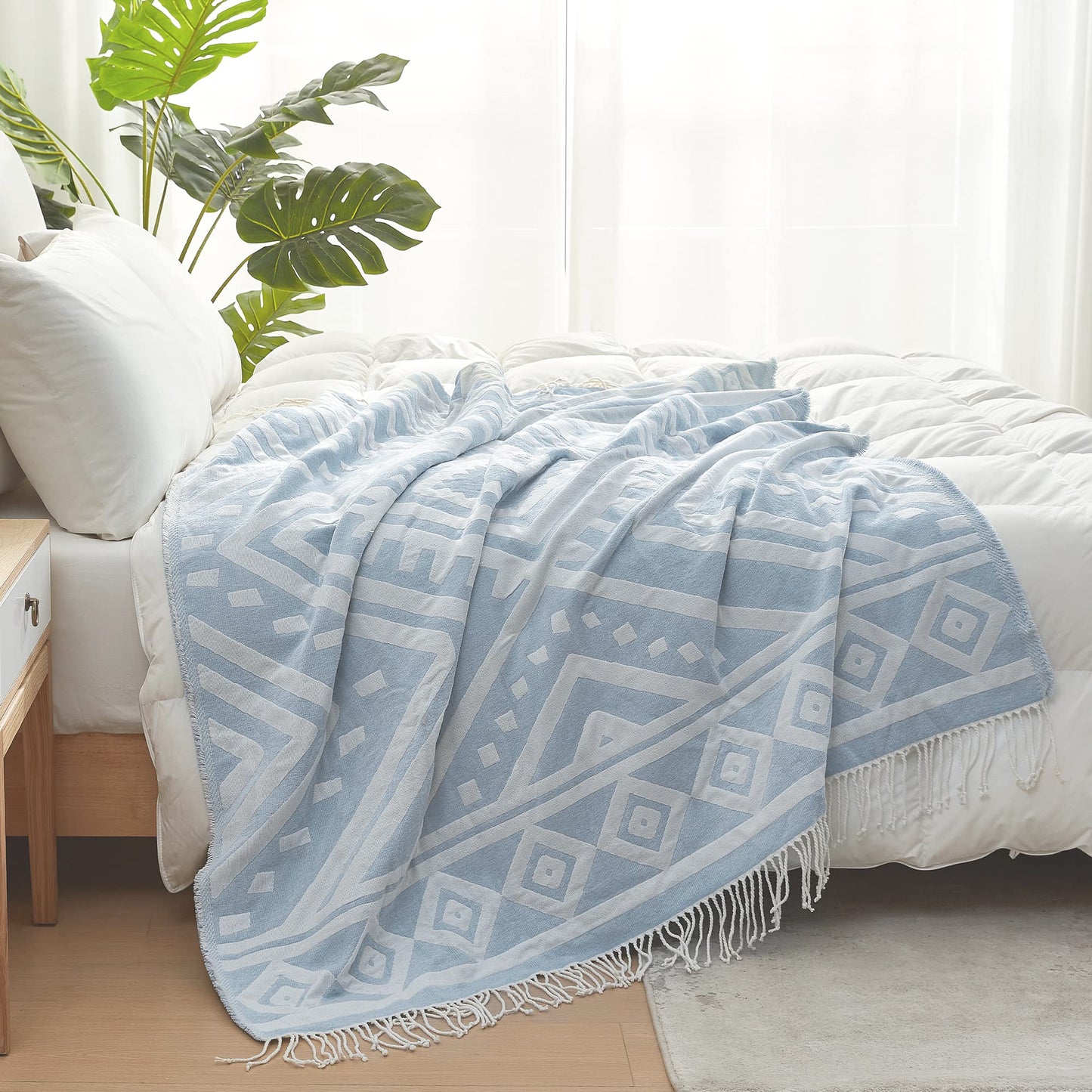 Soft and Cozy Chenille Jacquard Woven Throw Blanket - Retro Boho Design with Tassels for Couch, Bed, Outdoor - Light Blue, 50x60 inches