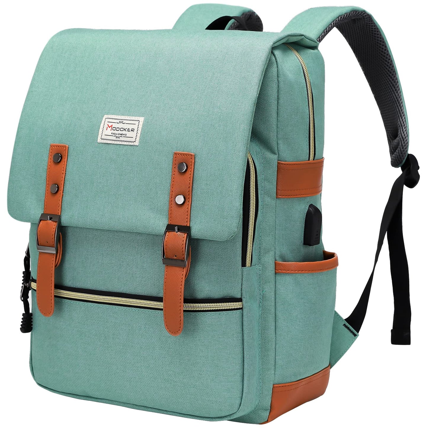 Vintage Laptop Backpack with USB Port: Fashionable Travel Gear for Both Women & Men - Fits 15.6 Inch Notebook in Elegant Green