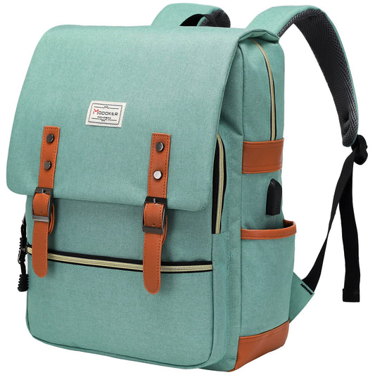 Vintage Laptop Backpack with USB Port: Fashionable Travel Gear for Both Women & Men - Fits 15.6 Inch Notebook in Elegant Green
