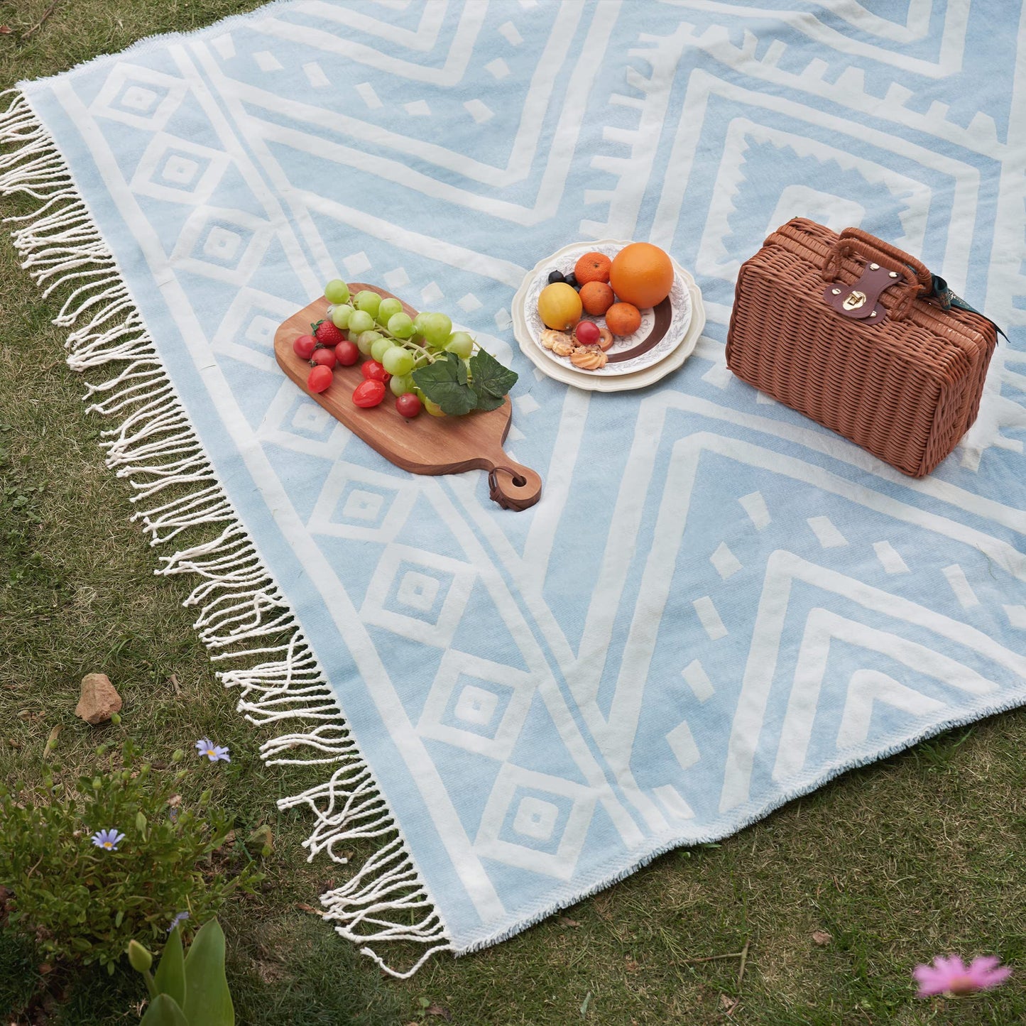 Soft and Cozy Chenille Jacquard Woven Throw Blanket - Retro Boho Design with Tassels for Couch, Bed, Outdoor - Light Blue, 50x60 inches