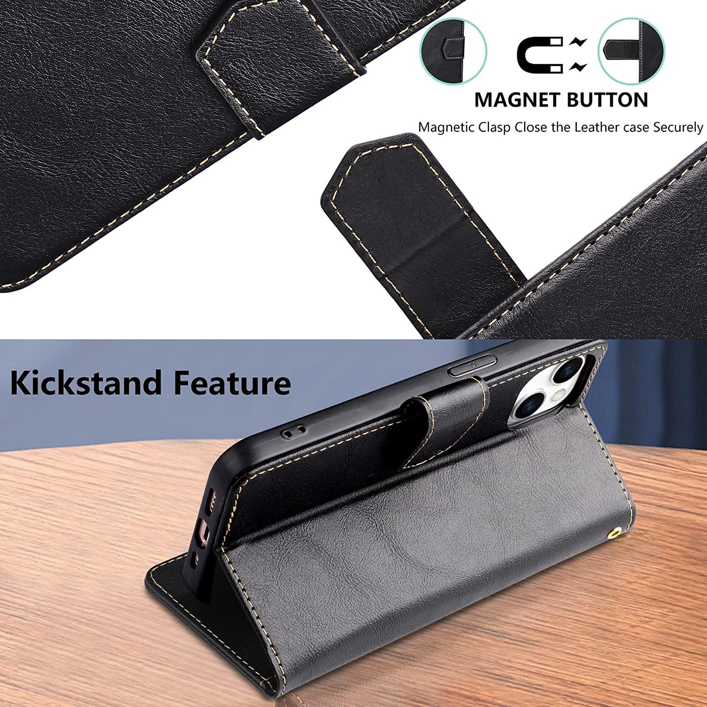 iPhone 14 Plus Kickstand Wallet Case w/ 2 ea Screen/Camera Lens Protectors