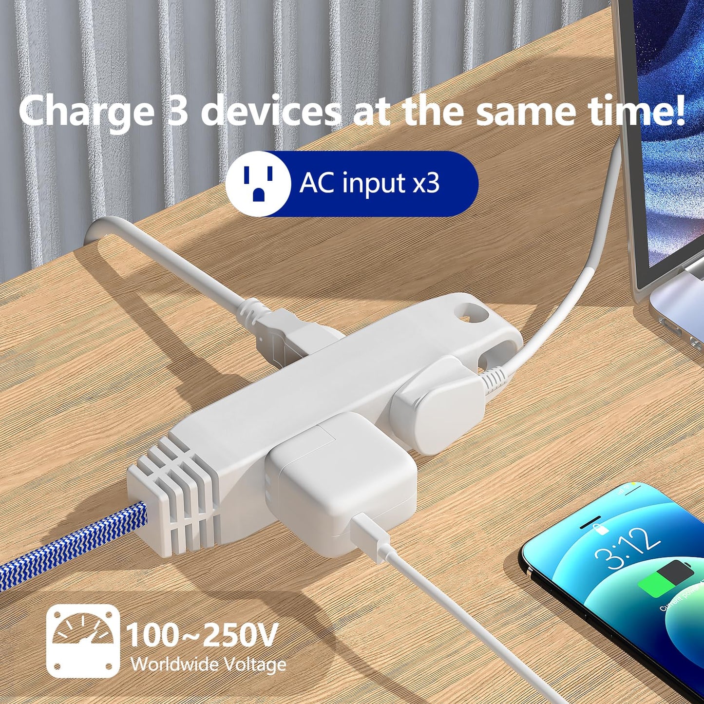 2pk 1.5ft Extension Cord European Travel Plug Adapter w/ 3 US Outlets